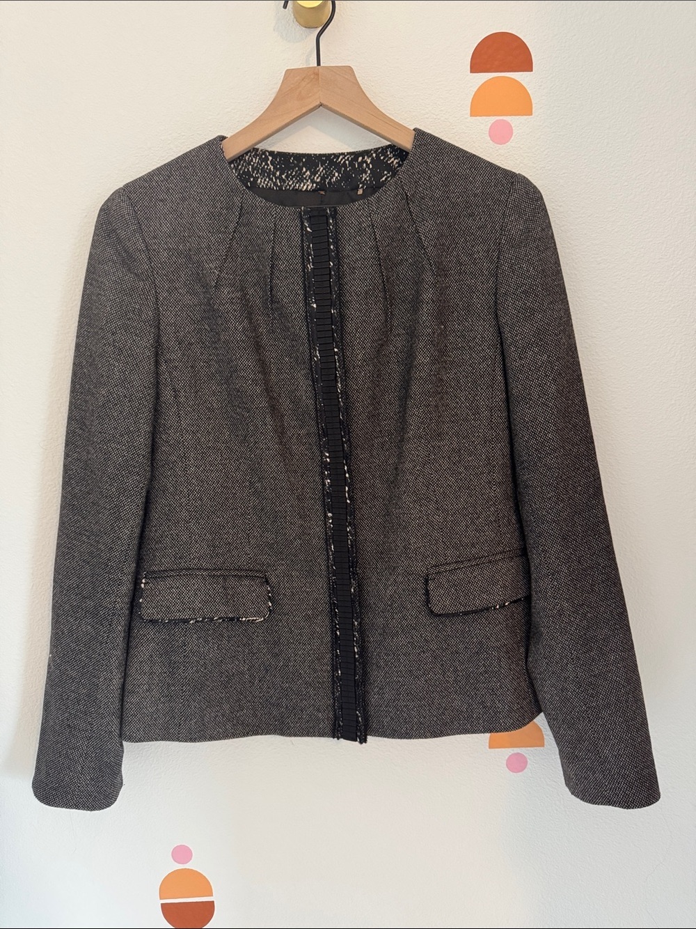 Elie Tahari Charcoal Tweed Collarless Blazer N0128